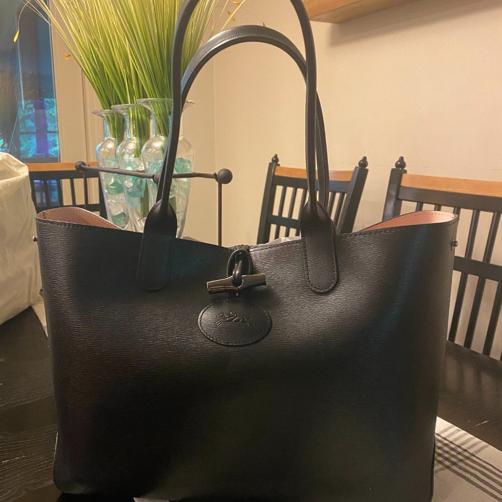 Longchamp Leather Roseau Tote - Black & Pink - Reversible